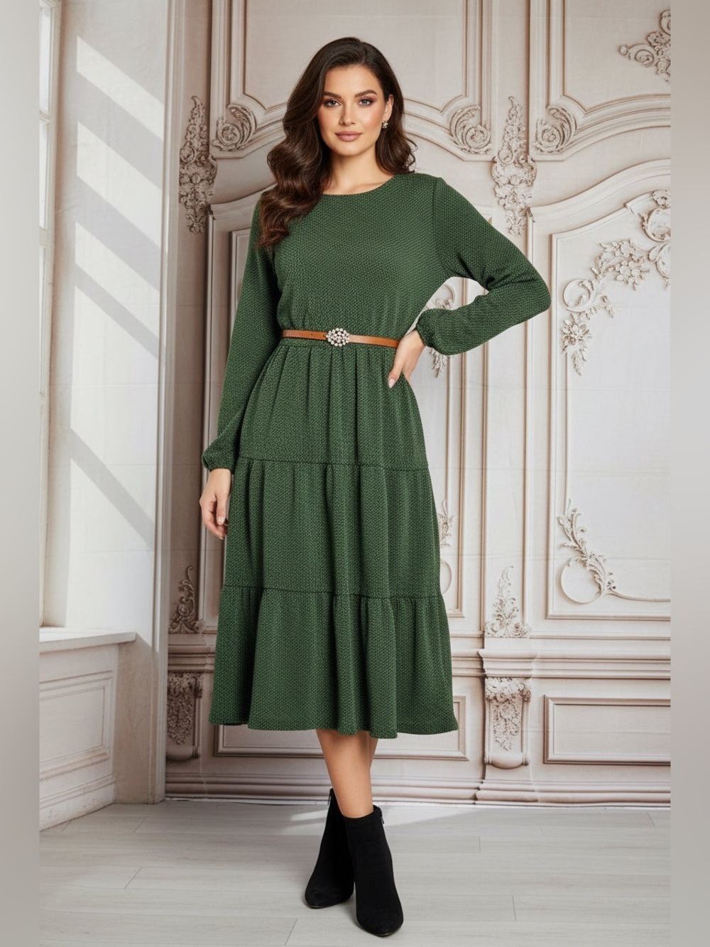 Woven Tiered Long Sleeve Midi Dress in Olive Green